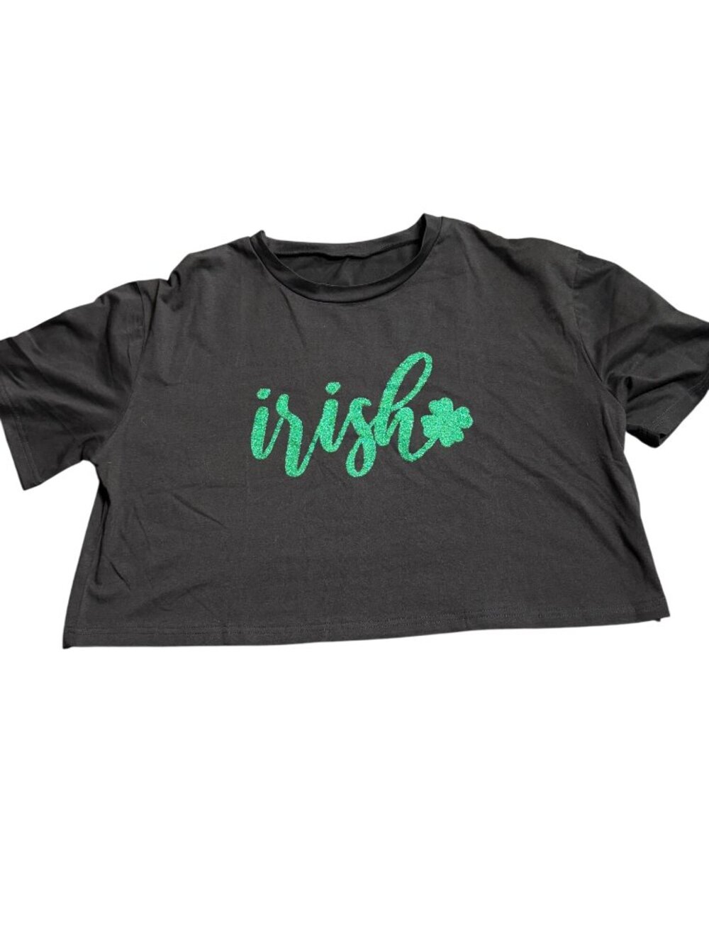 Irish Graphic Black Crop T-Shirt With Green Glitter Shamrock - Womens XL Cotton